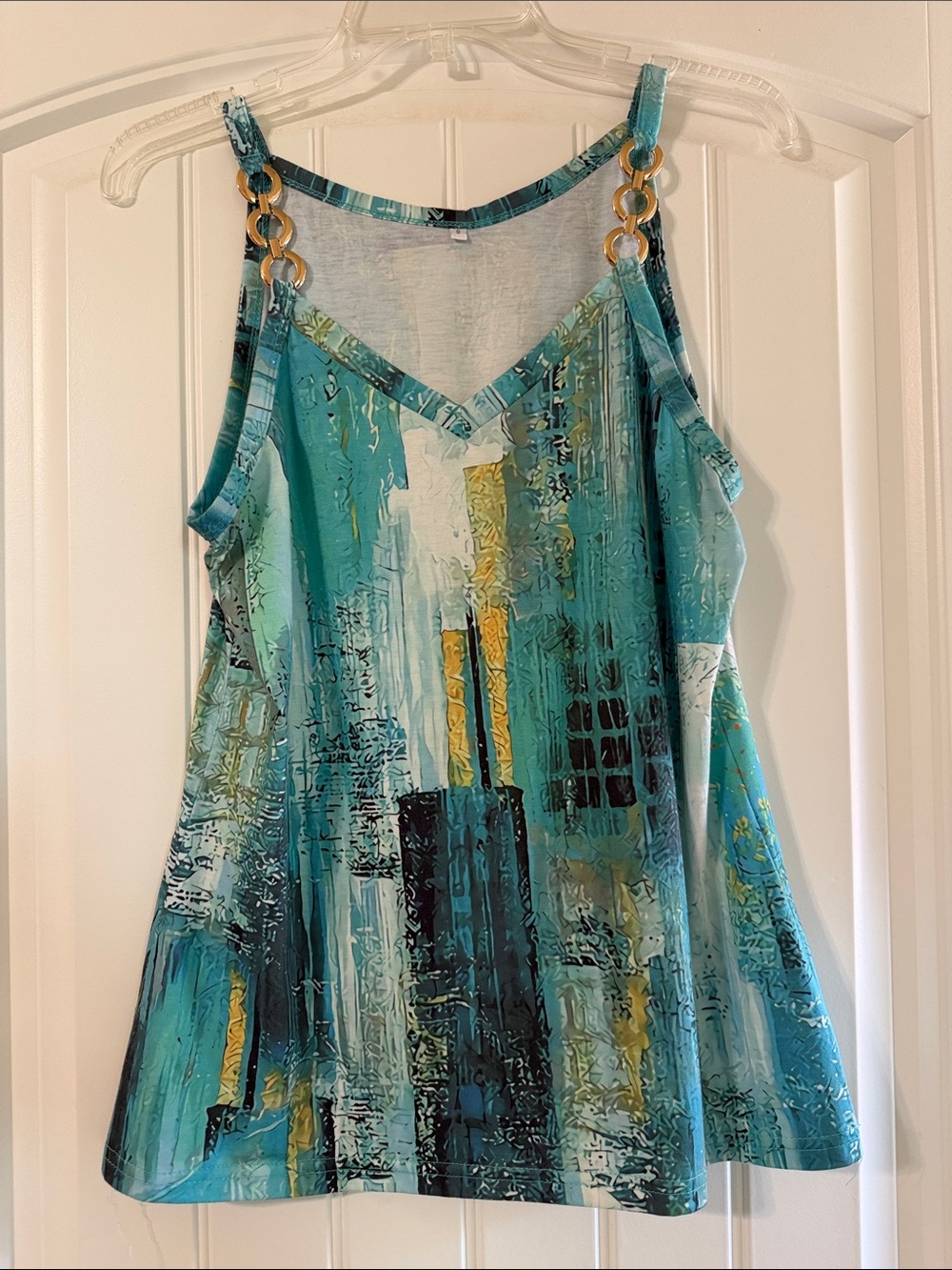 Women’s Turquoise Abstract Print Tank Top with Gold Ring Straps